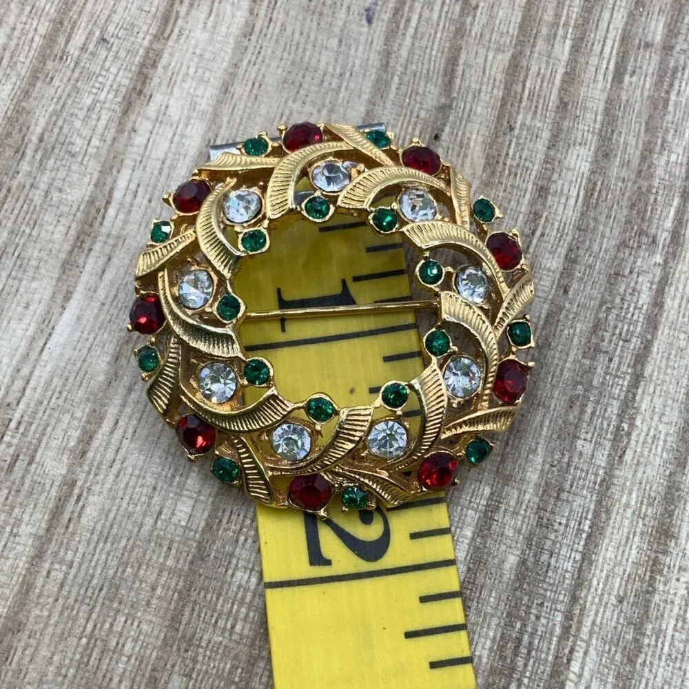 Eisnberg Ice Vintage Red Green Christmas Wreath Gold Tone Brooch